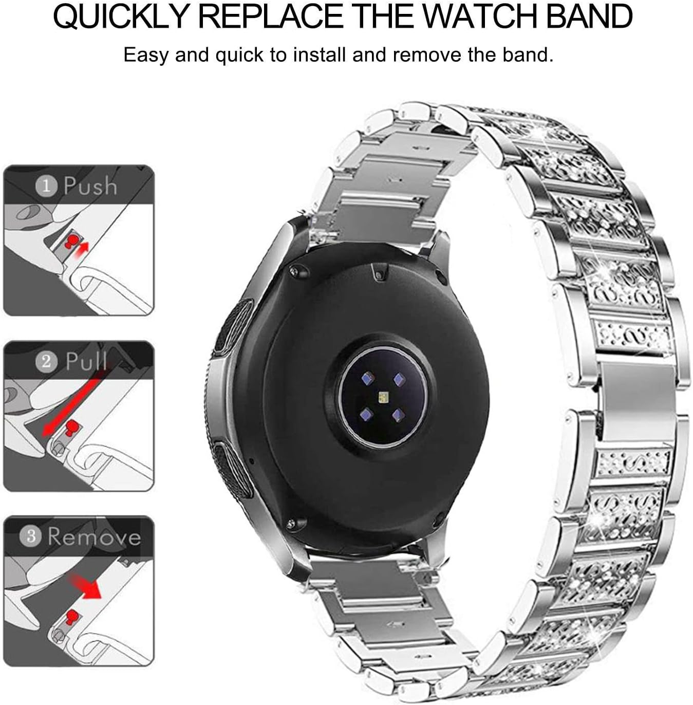 Bands Compatible with Samsung Galaxy Watch 3 (45mm), 22mm S Texture Rhinestone Diamond Stainless Metal Strap with Bezel Ring Cover Replacement for Women Men (Silver) - Image 3