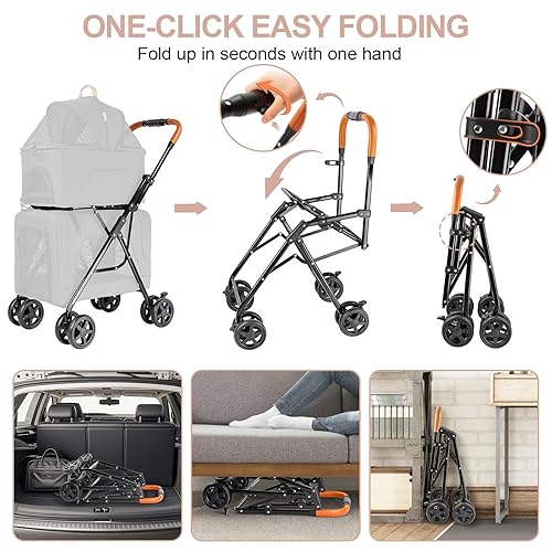 Miniatura 7 de Cochecito doble para mascotas con transportador desmontable para perros y gatos medianos y pequeños, carrito de viaje ligero para perros con toldo