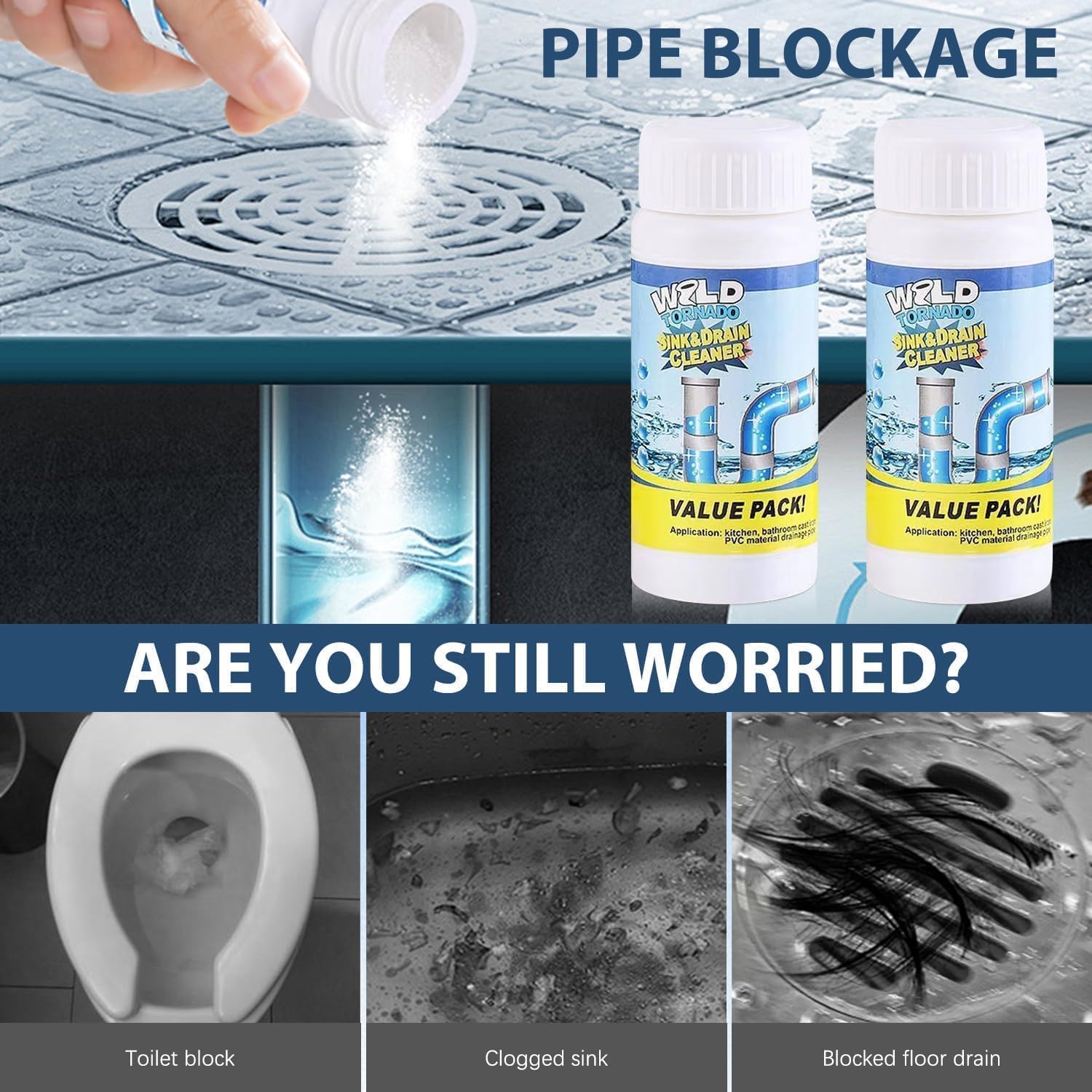 3PCS Wild Tornado Sink and Drain Cleaner, Wild Tornado Sink and Drain Cleaner, Multi-functional Drains Cleaners Fast Foaming for Kitchen Toilet Pipeline Quick Cleaning Tool