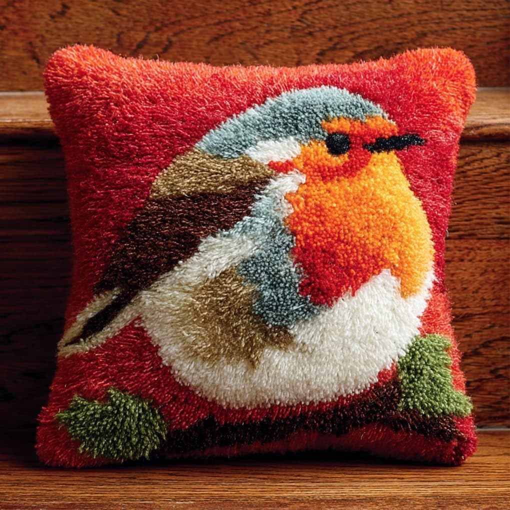 Henypt 43x43cm Latch Hook Cushion Making Kit,Animal Robin Printed Canvas Latch Hook Soft Yarn Pillow Set,Ideal Creative Gift for Adults