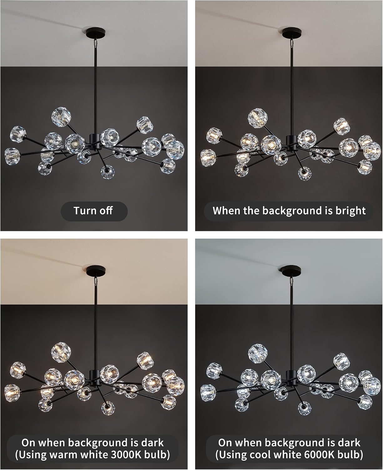 Black Sputnik Chandeliers for Dining Room Light Fixture Over Table, Modern Crystal Chandeliers, 43 18 Lights Black Lighting Fixtures for Living Room Kitchen Island