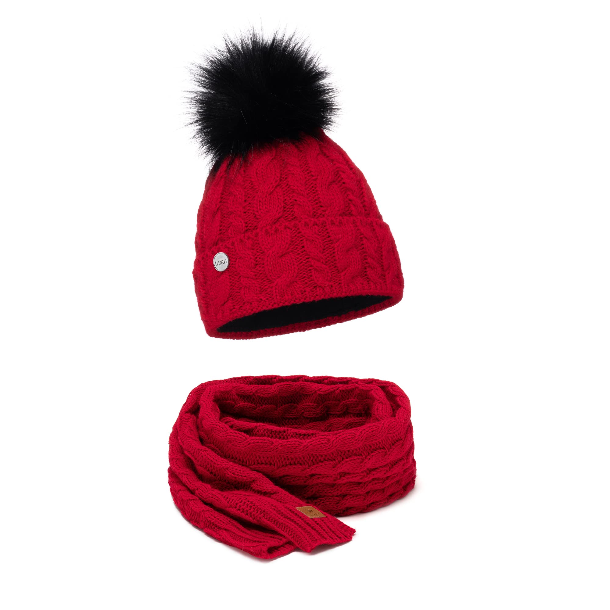 ELIMELI Czapka damska, szal zimowy, zestaw kombi – ciepła czapka z dzianiny, czapka zimowa z pomponem i pasującym szalikiem – czapka typu slouch beanie z pomponem (czerwona – zestaw)