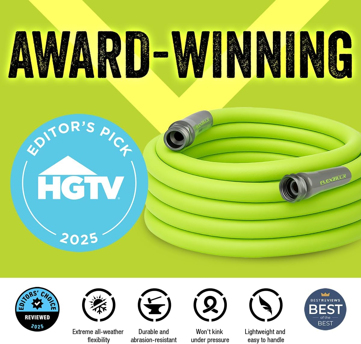 Flexzilla Garden Hose 5/8 in. x 100 ft., Lightweight All-Weather Water Hose, Durable and Flexible, Leak-Free Connections Standard Grip 100ft Chartreuse