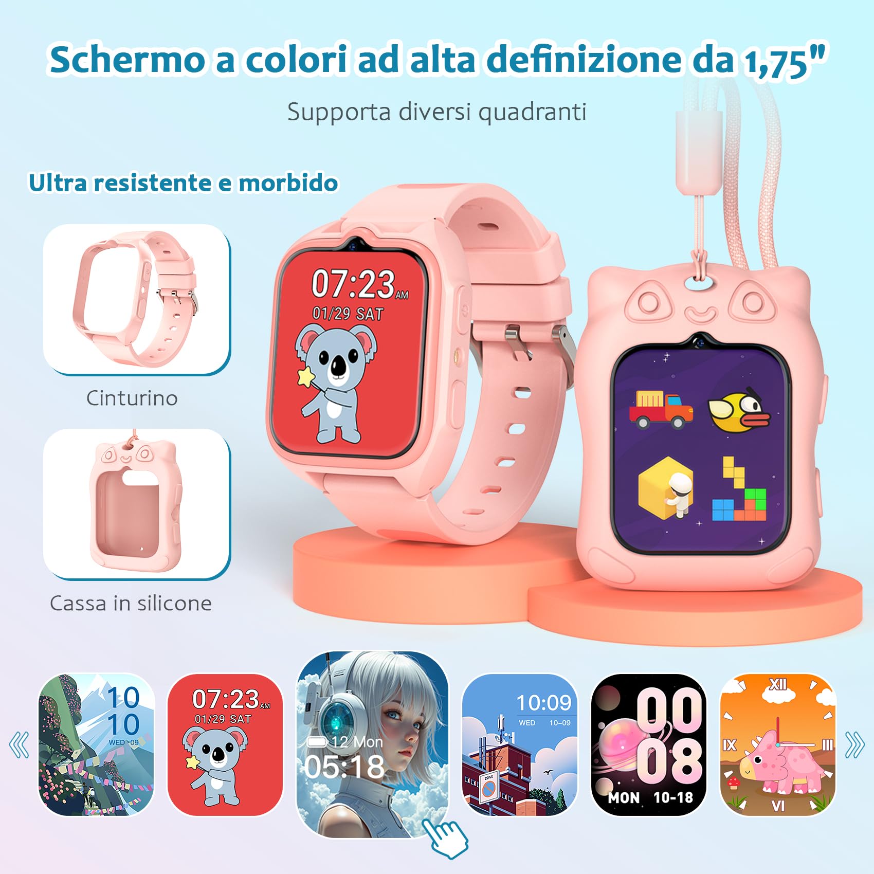Blackview Smartwatch per Bambini, 1.75 inch TFT Smartwatch 30 Giochi, Sveglia, Fotocamera Touch HD, Video, Lettore Musicale, Contapassi, Torcia, Smartwatch per Bambini con Schermo Touch per Bambini