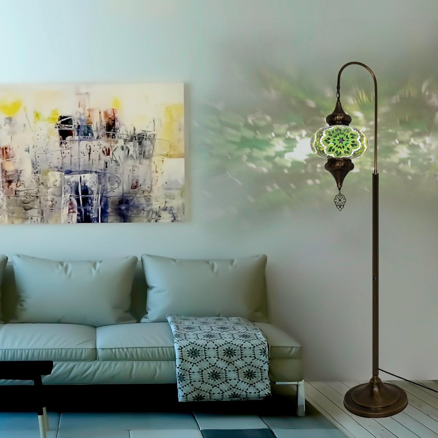 Enchanting Turkish Mosaic Floor Lamp - Moroccan Swan Neck Design, Stunning Colorful Floor Lamp for Living Room, Exquisite Turkish and Moroccan Lamp Collection (Green Flower)
