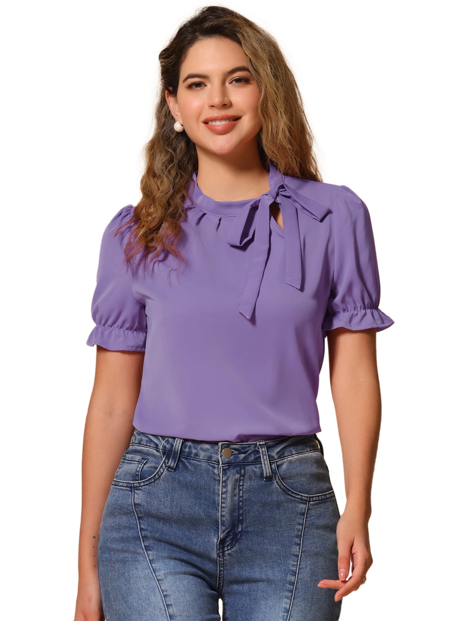 Allegra K Women's Bow Tie Neck Shirts Elegant Office Short Sleeve Femme Blouse Top