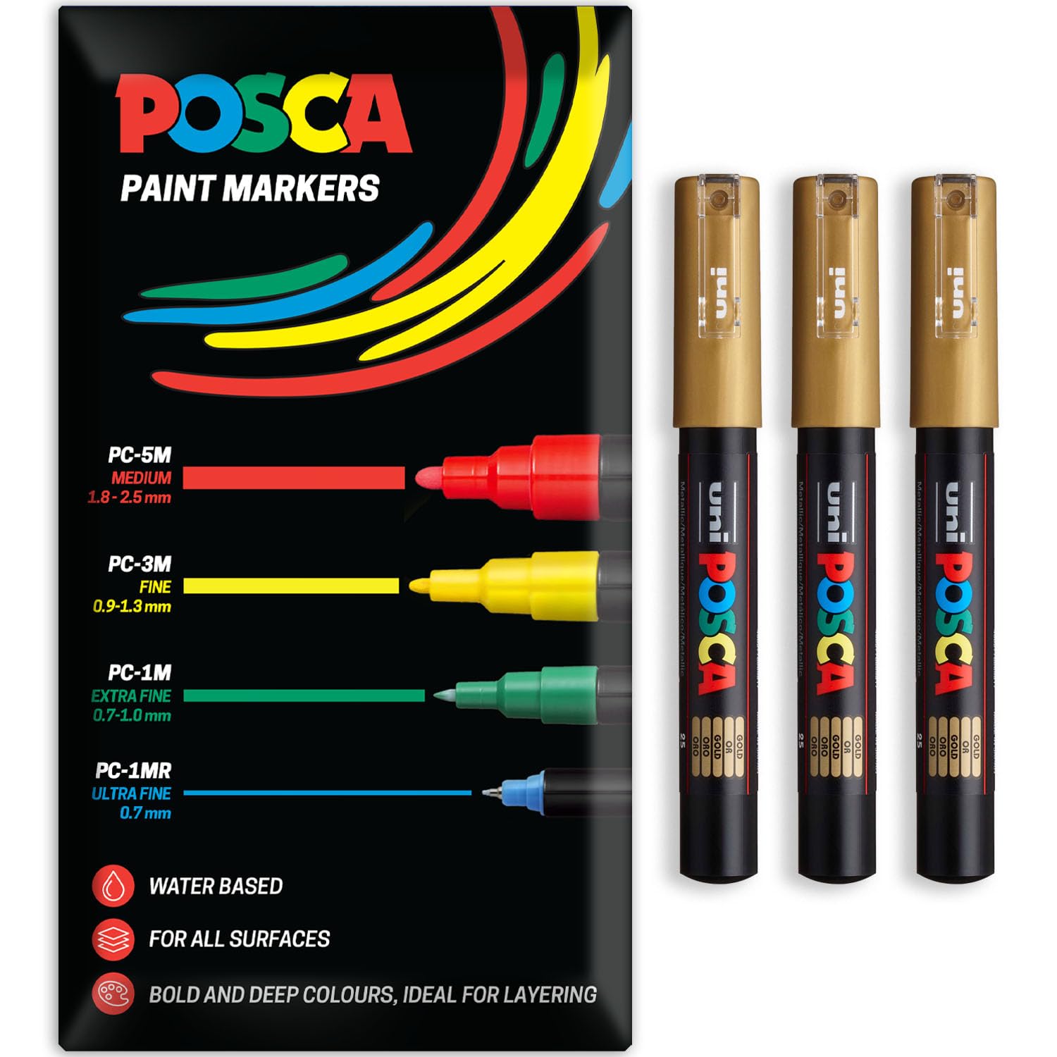 Posca Water Based Acrylic Paint Marker Pens | Multi Surface Use Permanent Paint Pen | Pack of 3 Pens in Envelope Gift Packaging | Glass, Fabric, Canvas, Wood etc | PC-1M, Gold