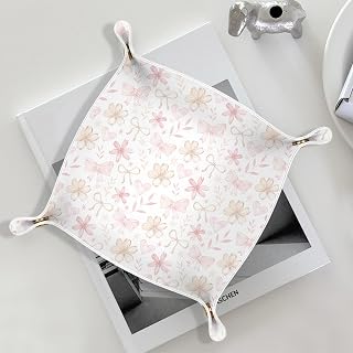 RTXLEZM Pink Coquette Bow Floral Leather Jewelry Valet Tray, Preppy Bow Flower PU Leather Catchall Beside Caddy Nightstand Organizer Tray for Jewelry Rings Watches Keys and Accessories, 7.8x7.8inch