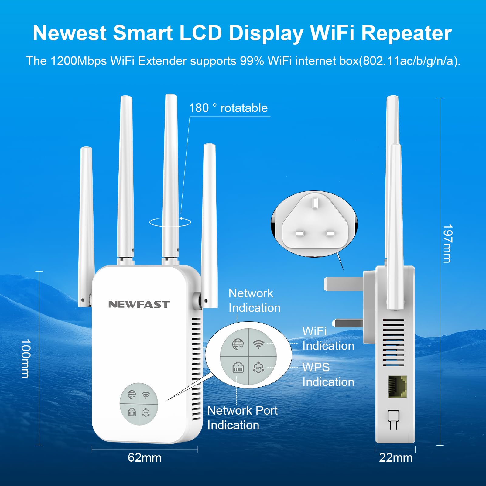 NEWFAST 1200Mbps WiFi Range booster 1200Mbps WiFi Booster Range Extender Dual Band 5GHz&2.4GHz, 4x3dbi High Gain Antennas, Wireless Access Point, Hotspot with 360° Coverage, Wi-Fi Repeater, UK Plug — view 2