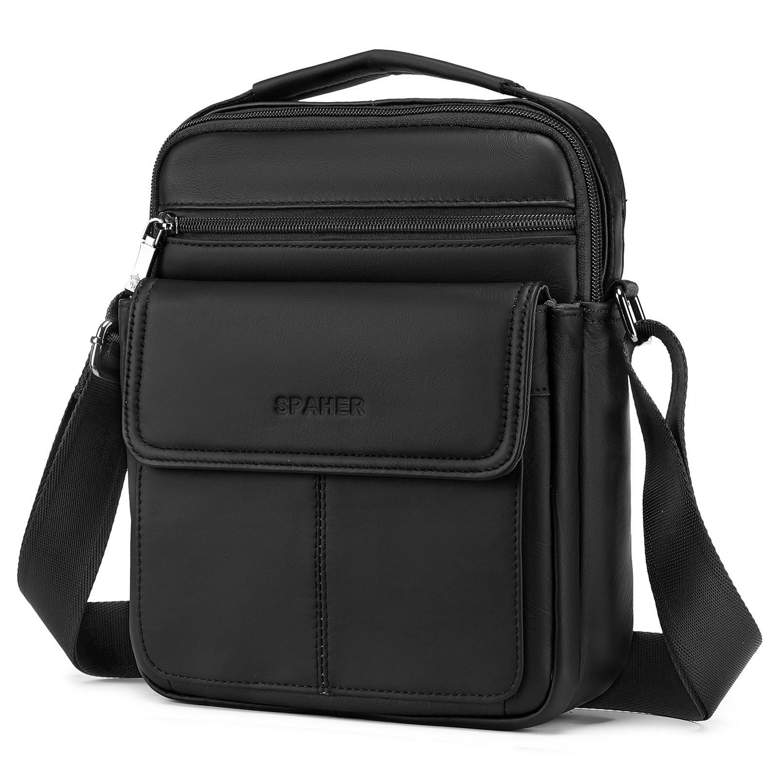 SPAHER Grand Sacoche Homme Bandouliere Cuir Veritable Sac à Bandoulière Vintage Sacs Porté Epaule Pochette Homme Cartable Besaces Crossbody Shoulder Bag pour Business Voyage, Noir