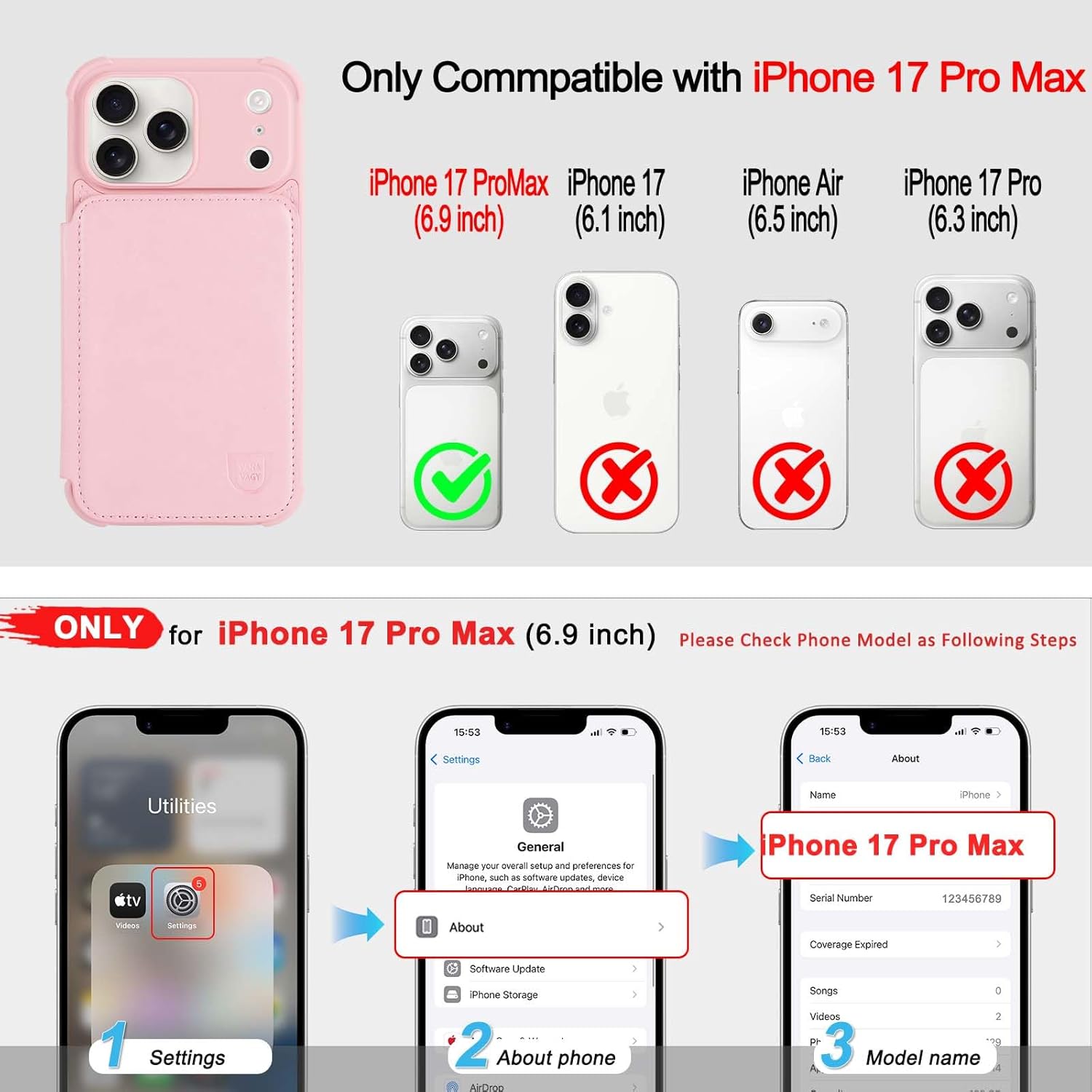 VANAVAGY Compatible for iPhone 17 Pro Max Wallet Case with RFID Blocking Card Holder, [Screen Protector] PU Leather Kickstand Card Slots Magnetic Clasp Shockproof Case for Women Men,Chalk Pink - Image 2