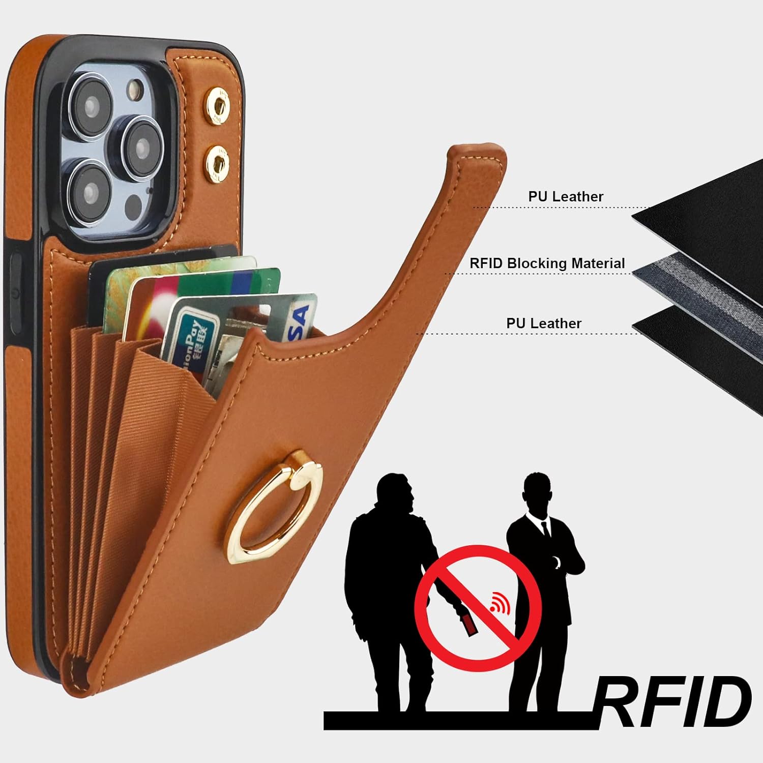 Folosu Compatible with iPhone 14 Pro Case Wallet with Card Holder, 360°Rotation Finger Ring Holder Kickstand, RFID Blocking Leather Protective Double Buttons Shockproof Cover 6.1 Inch Brown