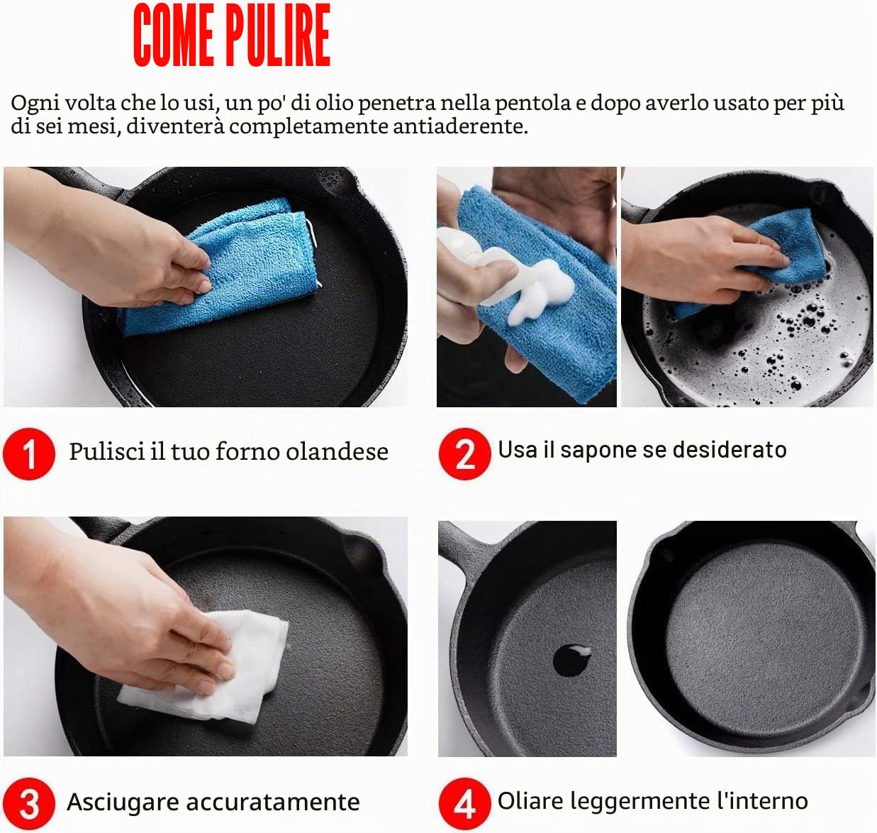OVERMONT Padella in Ghisa Pre-stagionato - Pentola Utensili da Cucina con Manico per Interni ed Esterni- per Griglia Friggere Fornelli Barbecue Falò - Varie Dimensioni Nero - Rotondo