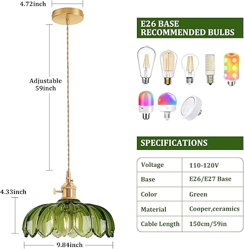 Miniatura 236 de Lámpara colgante con pantalla de cristal ámbar Scindapsus de cristal, lámpara colgante vintage de latón, luz colgante ajustable para cocina, isla