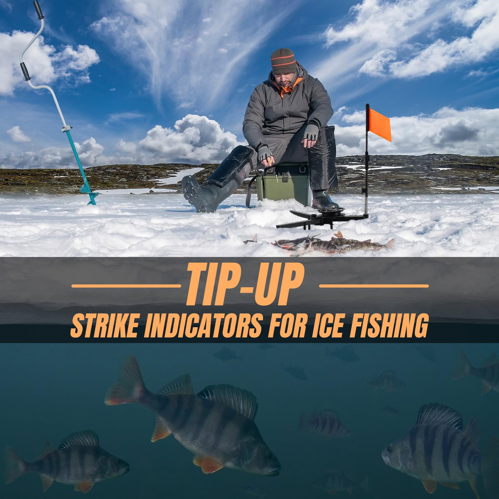 Silipull 2 Pcs Ice Fishing Tip Ups Ice Fishing Rod Foldable with Orange Pole Flags Ice Fishing Accessories Round Tip Ups Strike Indicators for Angler Tackle Accessory Ice Fishing Equipment Gear