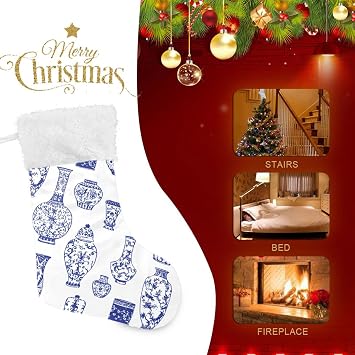 Oyihfvs Vintage Blue Ink Chinese Vases in Chinese Style on White Christmas Stockings, 1 PCs Large Faux Fur Cuff Gift Stockings Decorations for Xmas Party Home Family Stairs Holiday 12 x18