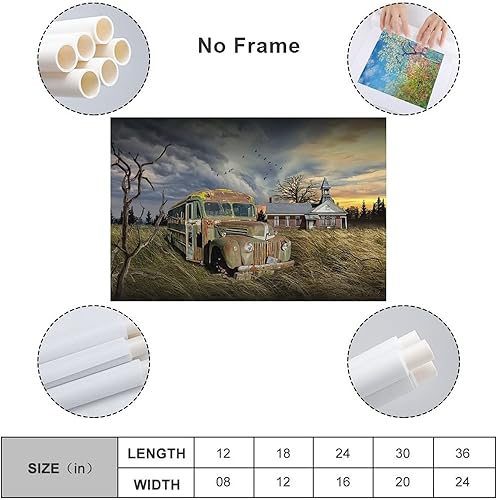 Miniatura 2 de Póster de arte en lienzo con vista al campo de autobús escolar abandonado con vista al campo de granero y arte de pared, decoración moderna de