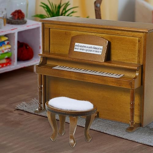 Miniatura 6 de GANAZONO 1 juego de piano de casa de muñecas 112 en miniatura de simulación de madera vertical con taburete para fotos de casa de muñecas,