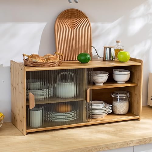 Tiita Armario pequeño de despensa de cocina, aparador de pared de bambú con puertas de vidrio, armario de despensa de alimentos para cocina, sala de
