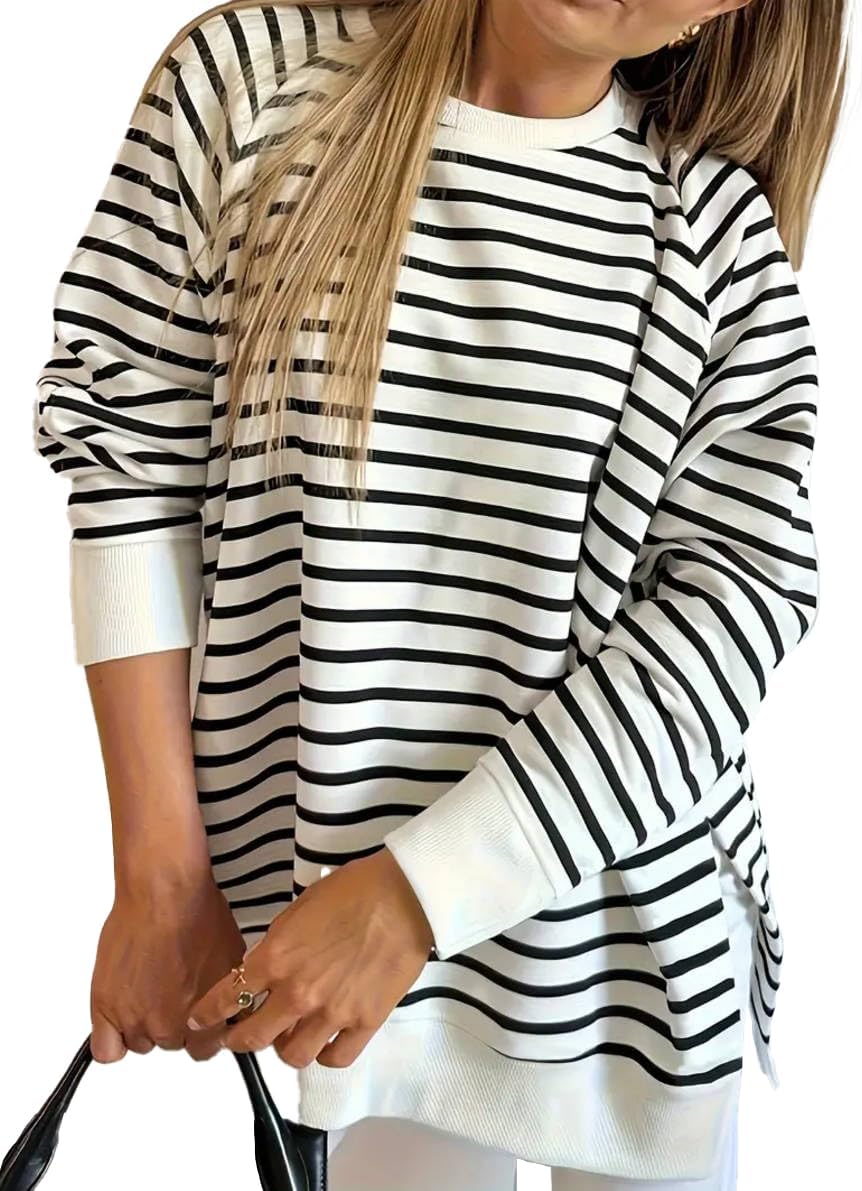 LilyCoco Oversized Sweatshirt for Women Striped Crew Neck Long Sleeve Pullover Top