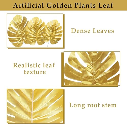 Miniatura 2 de KIMOBER 24 hojas artificiales de palmera doradas, tamaño mixto, hojas de Monstera tropicales doradas, hojas de plantas artificiales realistas para