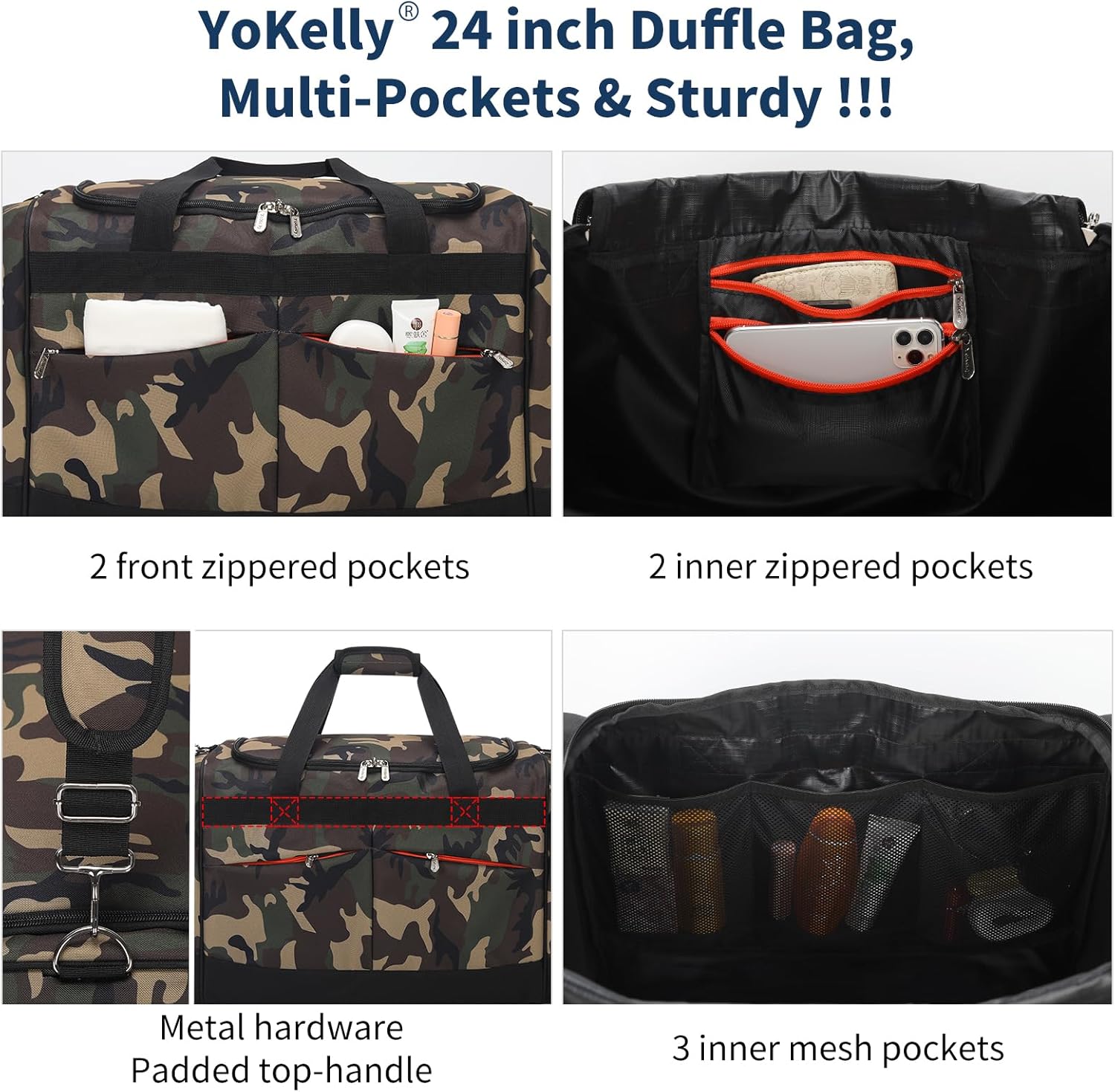 24 inch Large Gym Bag for Men - 65L Hard Bottom Duffle Bag with Shoes Compartment for Sport/Travel - Camo - Image 2