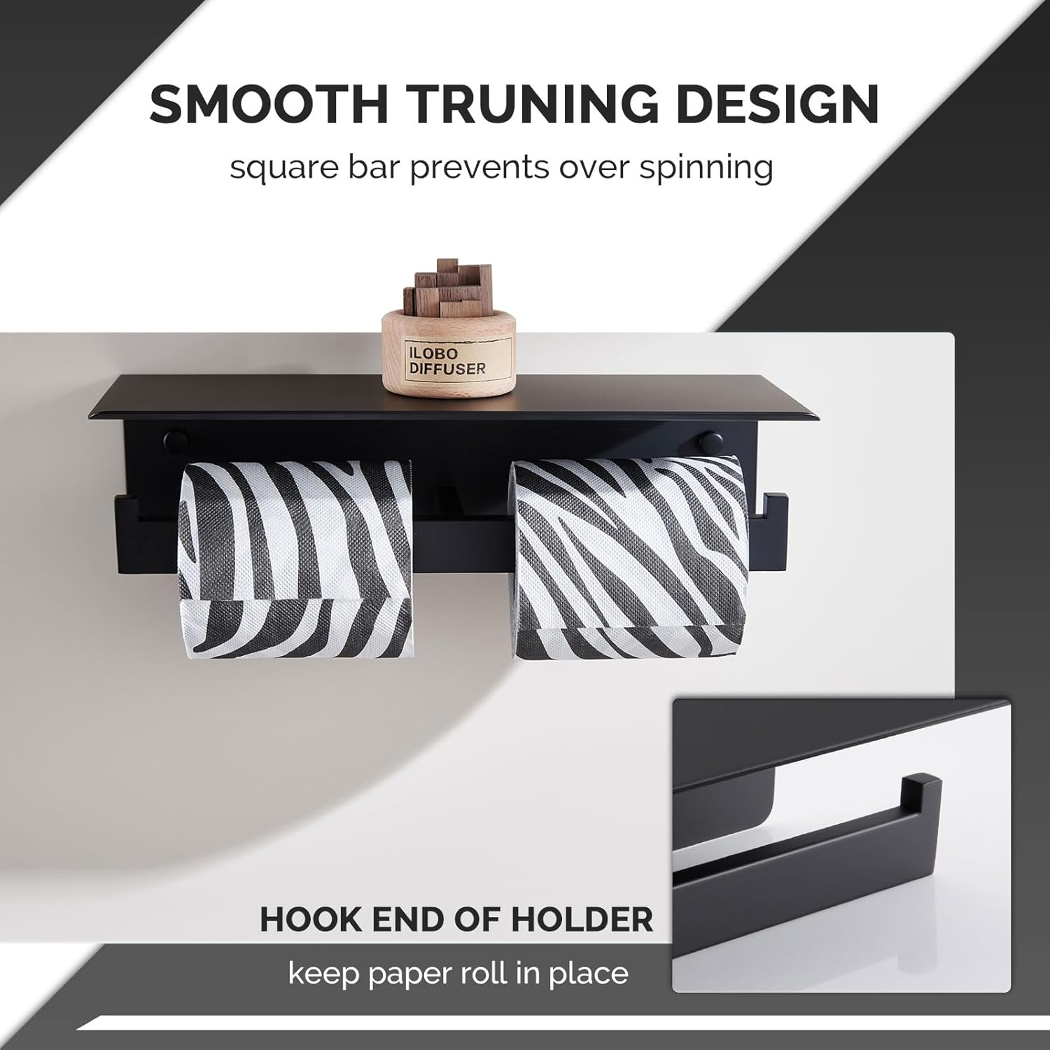 Angle Simple Swivel Towel Ring Bundle with Double Toilet Paper Holder with Shelf (Matte Black)