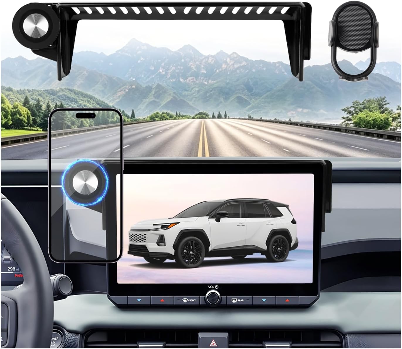Karltys Magnetic Phone Holder Compatible with Toyota RAV4 2026 LE SE XLE Premium Woodland 10.5-Inch Screen, Dashboard Screen Phone Mount with Magnetic & Clip-on Holders, Not for 12.9-Inch