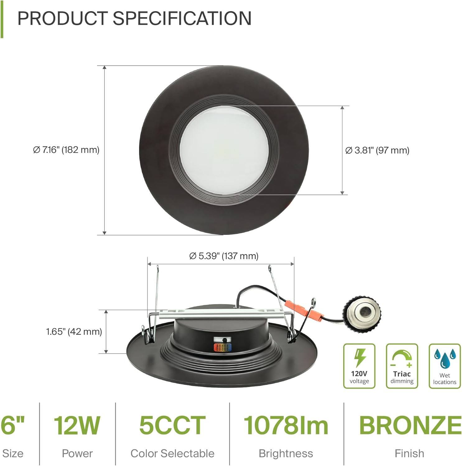 ASD 6 Pack Bronze Retrofit LED Recessed Lighting 6 Inch - 12W 2700K-5000K 1078LM Can Lights for Ceiling 6 Inch, Dimmable Bronze Recessed Lights, Baffle Trim Wet Rated Wafer Lights, ETL, Energy Star
