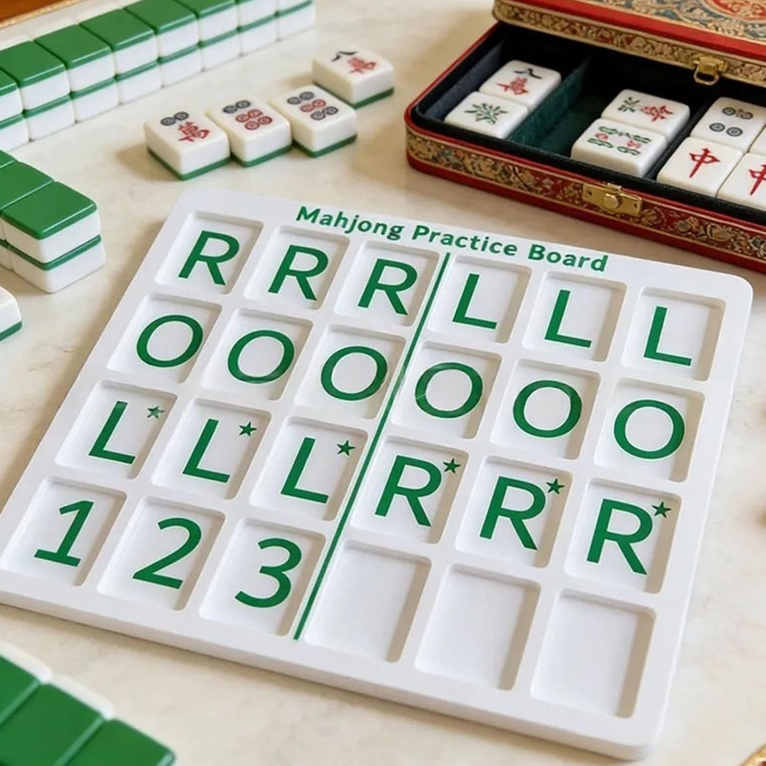 Mahjong Practice Board, 3D Printed Mahjong Solo Practice Board Compatible with Charleston for Tile Arrangement and Strategy, Portable PracticeBoard with 24 Slots for MahjongLovers (Green)