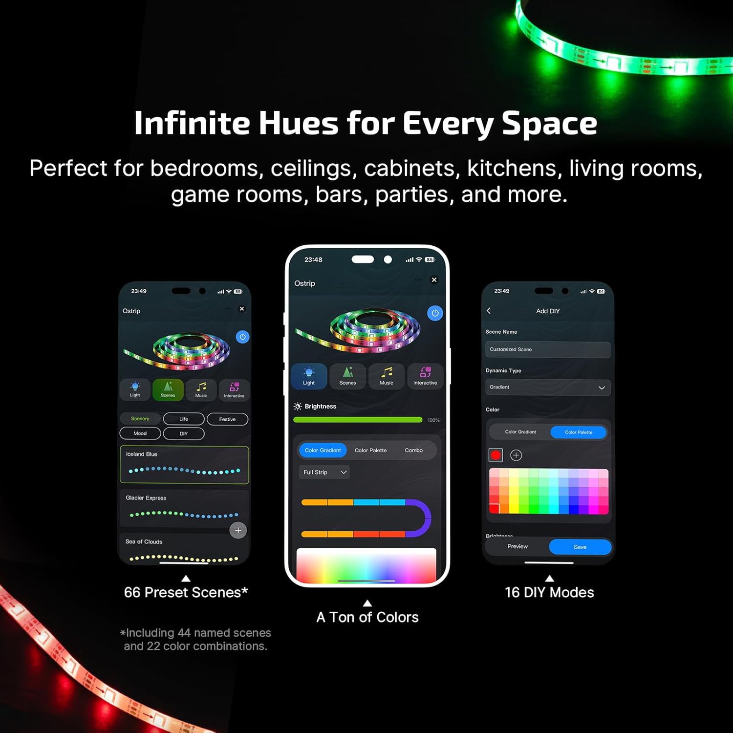 Smartphone screen displaying the Olight app for controlling Ostrip LED Strip Lights.