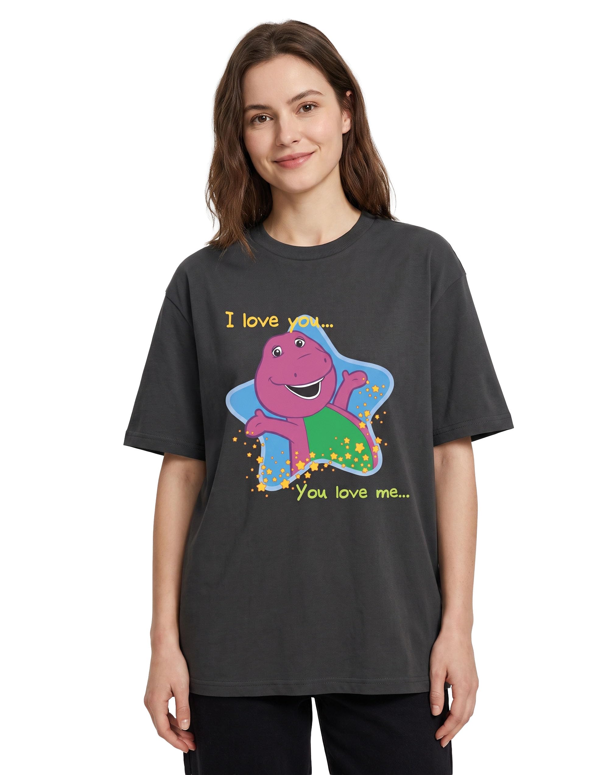 Barney Women's Charcoal I Love You Black Short Sleeved T-Shirt | Graphic Tee With Character Print | Casual Wear | Crew Neck Top | Kids Song Lyrics Merch - Large