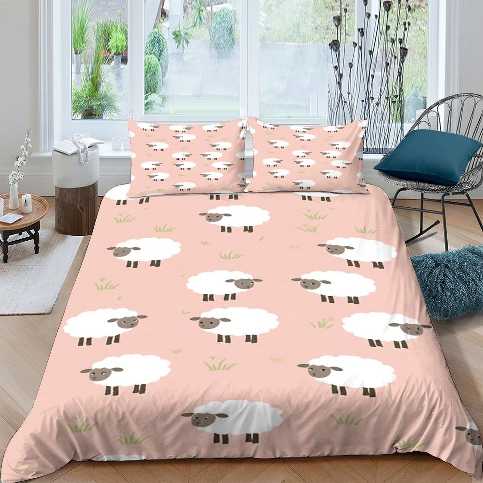 GPLZQXKJNH 3D Printed Sheep Pattern Duvet Cover Microfiber Soft Peach Bedding Set with 2 Pillowcases for Bedroom Decoration Single（135x200cm）