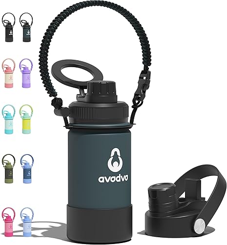 Miniatura 78 de Botella de agua aislada avodvo de 12 onzas con 2 tapas (tapa con popote y boquilla de 2 en 1, tapa magnética), botella de agua para niños con Azul