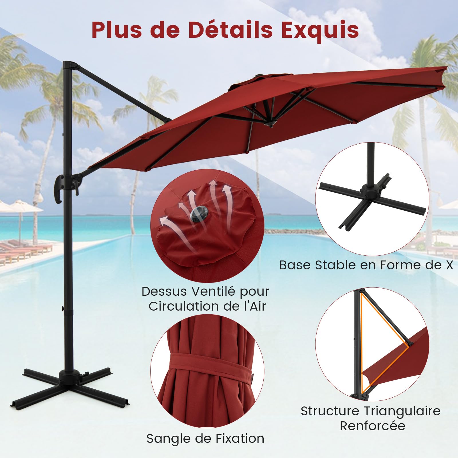 COSTWAY Parasol Déporté Professionnel 3M, Parasol de Jardin Exterieur avec Pied et Manivelle, Anti-UV, Pivotant à 360°, Inclinable, Poteau en Aluminium, pour Terrasse, Patio, Balcon (Bordeaux)
