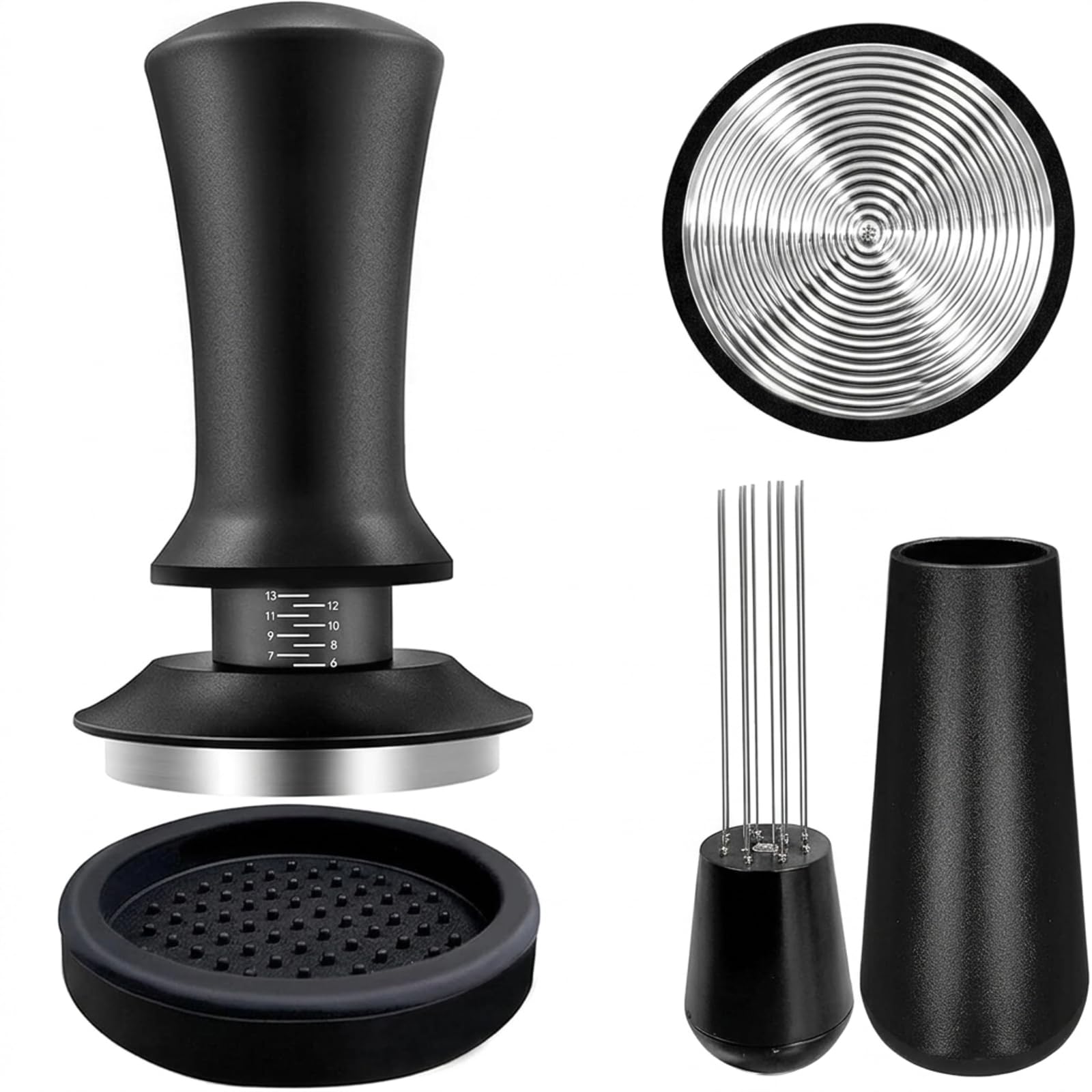 Aiyraa 54mm Espresso Barista Coffee Machine Accessories Set,304 Spring-Loaded Tamper with Scale Adjustment, Tamping mat, WDT Distribution Tool