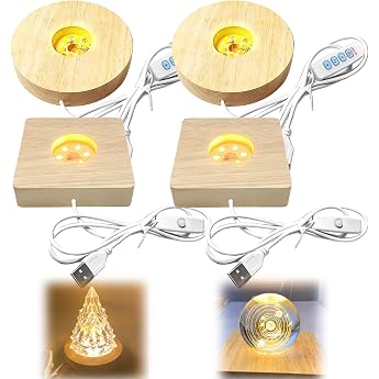 Pack of 4 LED Wooden Bases 3 Colours Wooden Lighting Adjustable Wooden LED Light Base Round + Rectangle Wooden Lights Stand USB LED Lights Base for Crystal Balls Glass Jewellery Acrylic and Resin [Energy Class E]