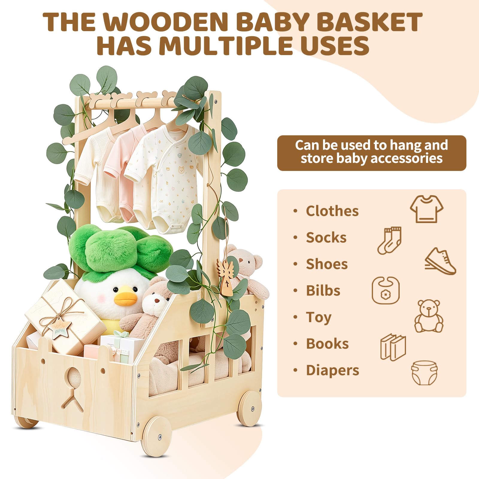 Cesto Nascita Bimbo in Legno con Ruote, Maniglia e 5 Grucce, Cesto Regalo Organizzatore per Prodotti Neonato, Idea Regalo Nascita e Regalo Baby Shower, Design Orsetto per Cameretta