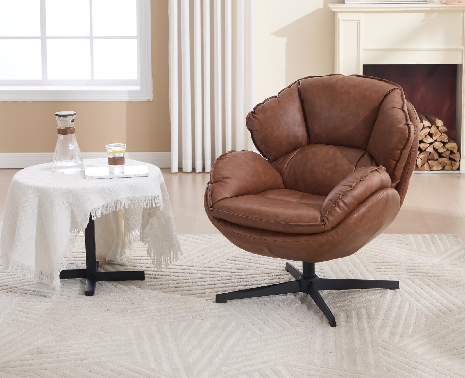 chairus Poltrona Girevole Salotto in Ecopelle Poltrona Imbottita Non-Regolabile Poltroncina Boucle con Gambe in Metallo Poltroncina Moderna per Soggiorno/Camera da Letto, Marrone