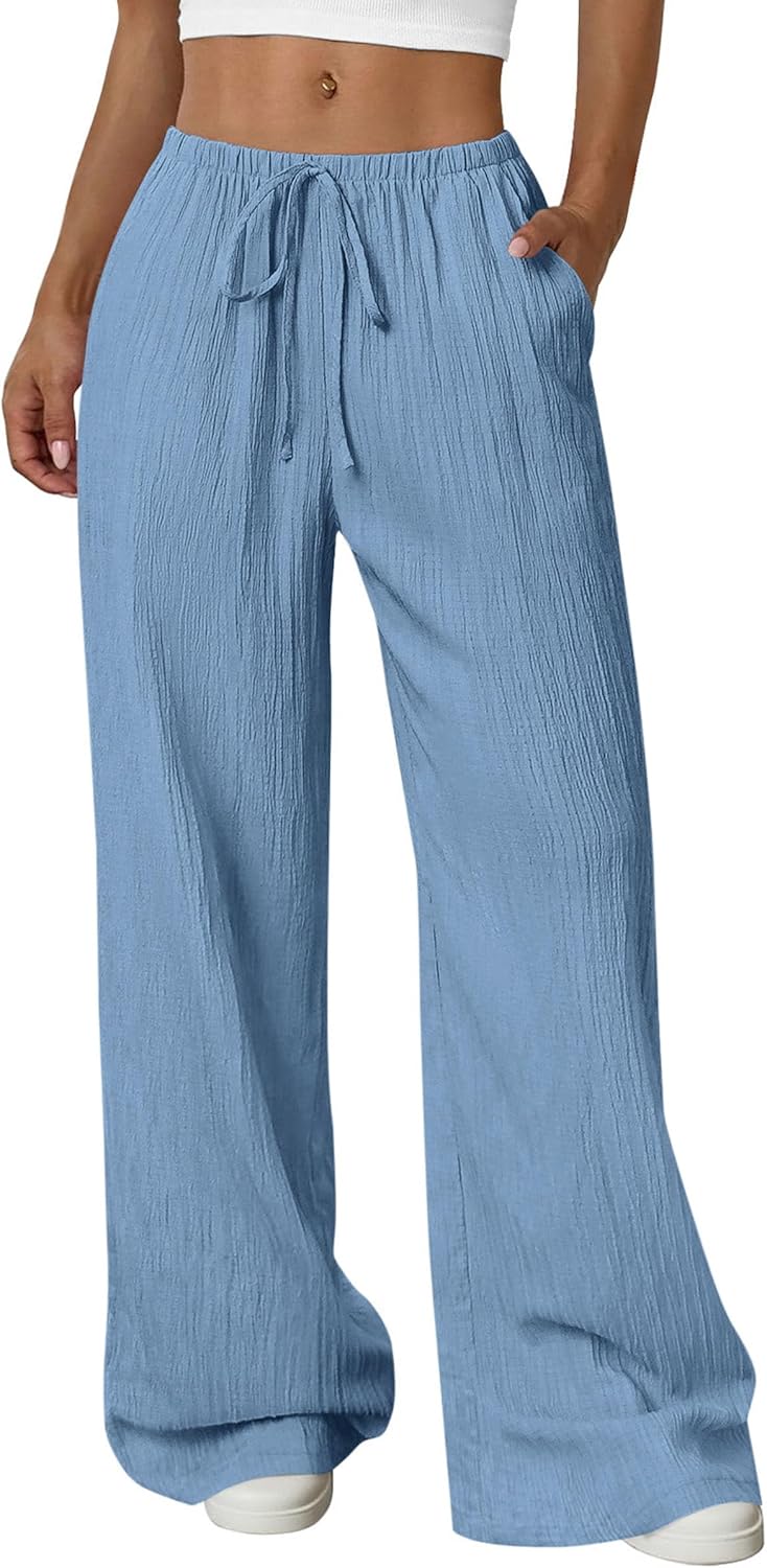 PRETTYGARDEN Womens Palazzo Pants Summer Fashion 2026 High Waisted Wide Leg Drawstring Flowy Beach Trousers with Pockets