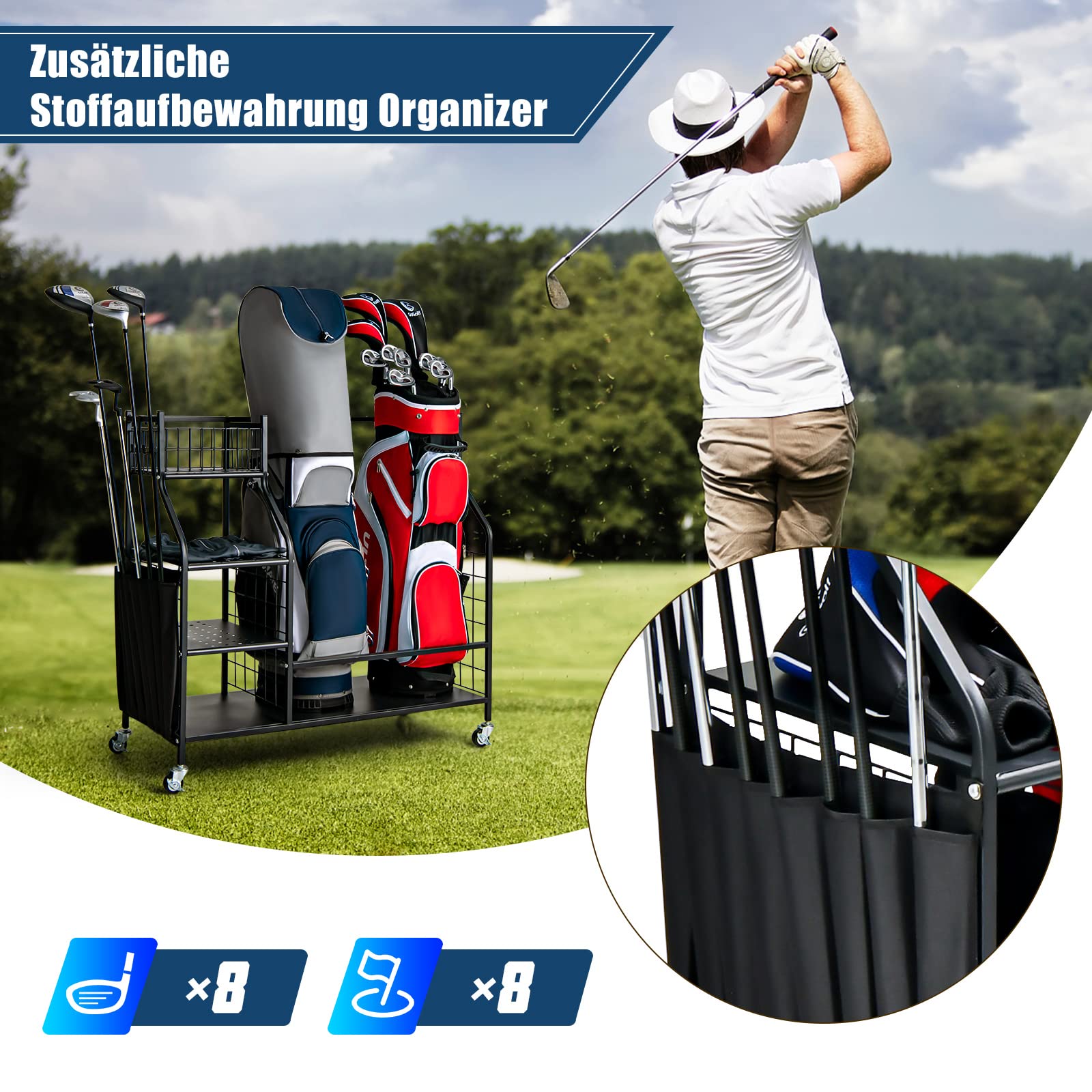 COSTWAY 4 in 1 Golf Organizer, Golfschläger-Organizer mit Rollen, für 2 Golftaschen & Golf-Zubehör, Golftaschenregal mit Haken & Korb für Golfbälle & 3 Ablagen aus Metall