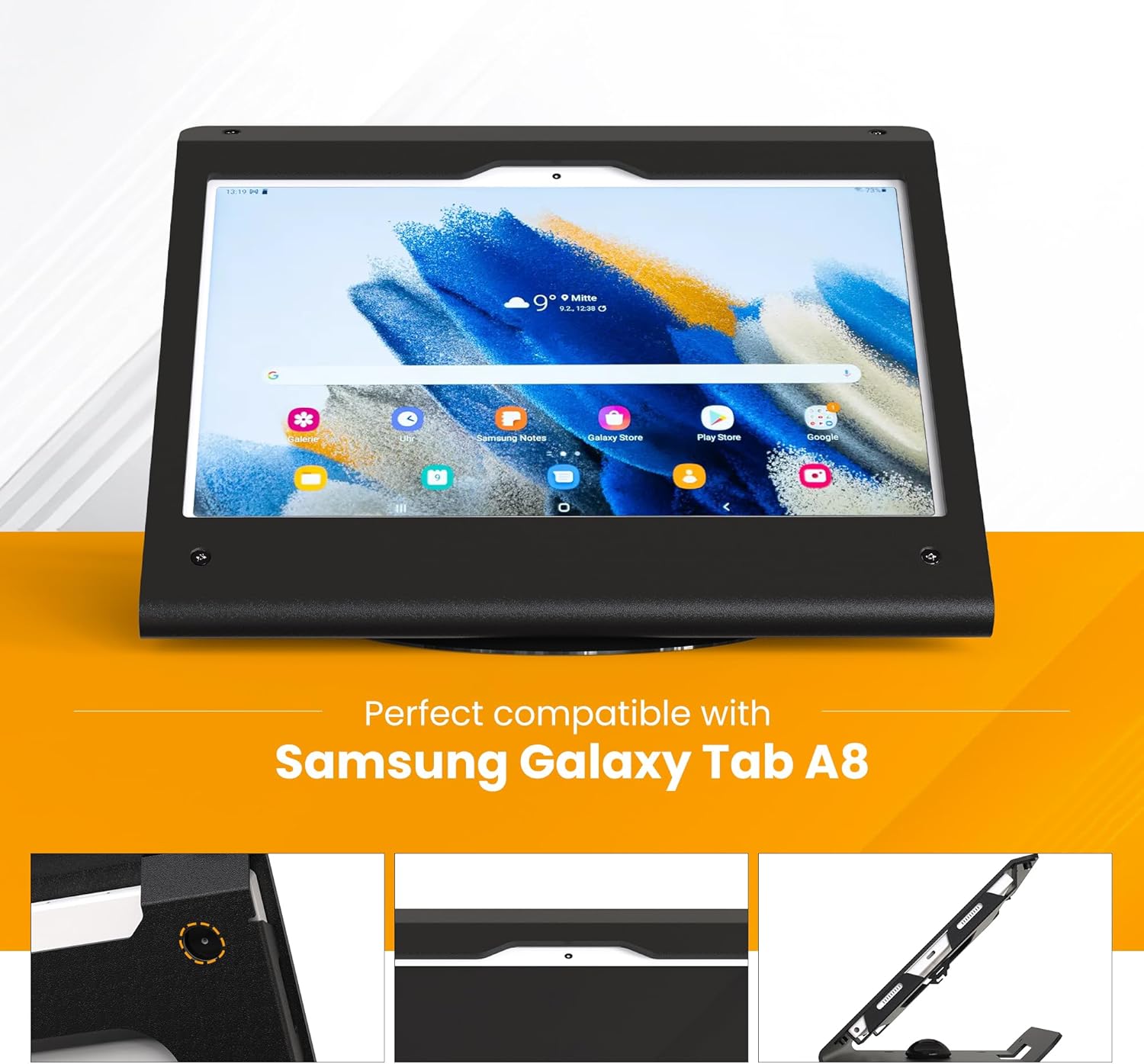 Tablet Stand Compatible with Samsung Galaxy Tab A8 - Heavy Duty Steel with 360° Swivel Base Anti-Theft Cable Lock BSC102BG