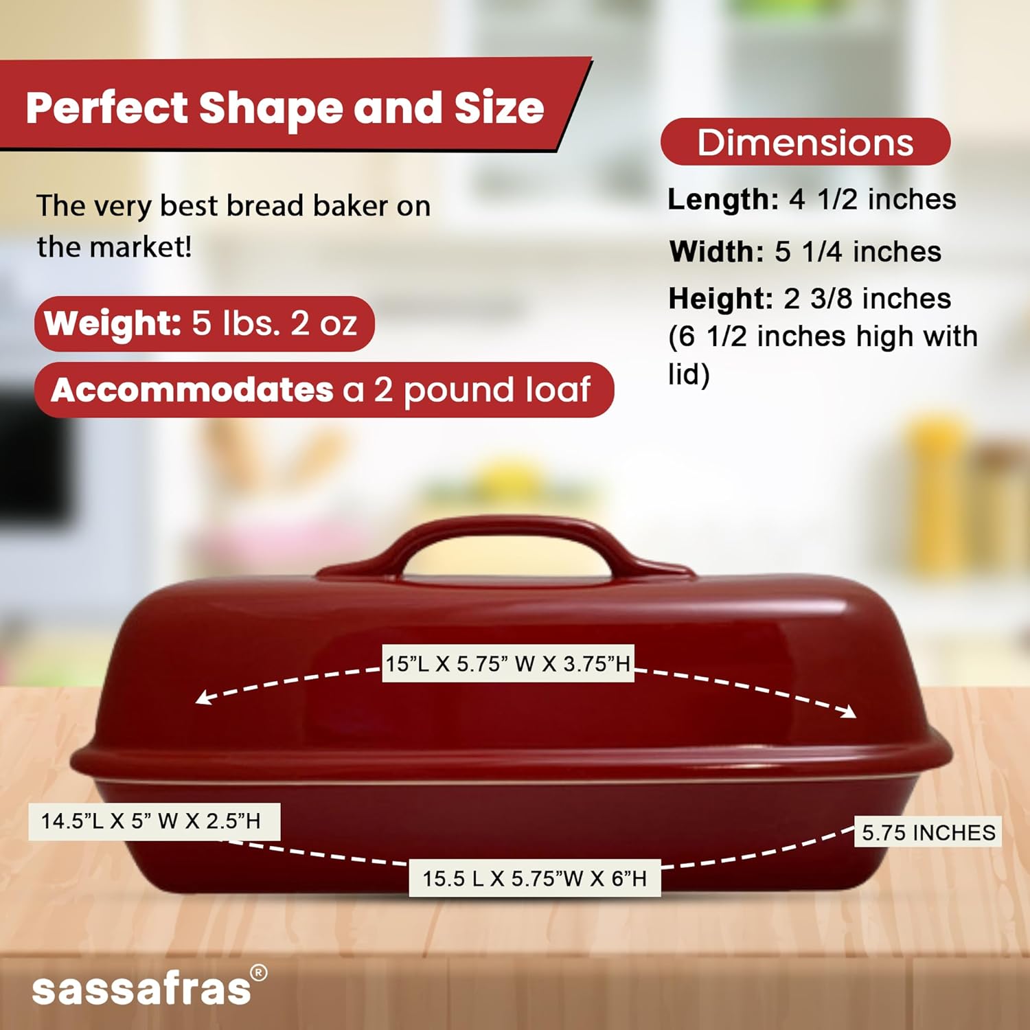 Sassafras Superstone® Covered Bread Baker with Lid - Red Glazed Exterior and Unglazed Interior Stoneware Bakeware - Bakes an Artisan Italian Bread with Crusty Crust and a Light Crumb