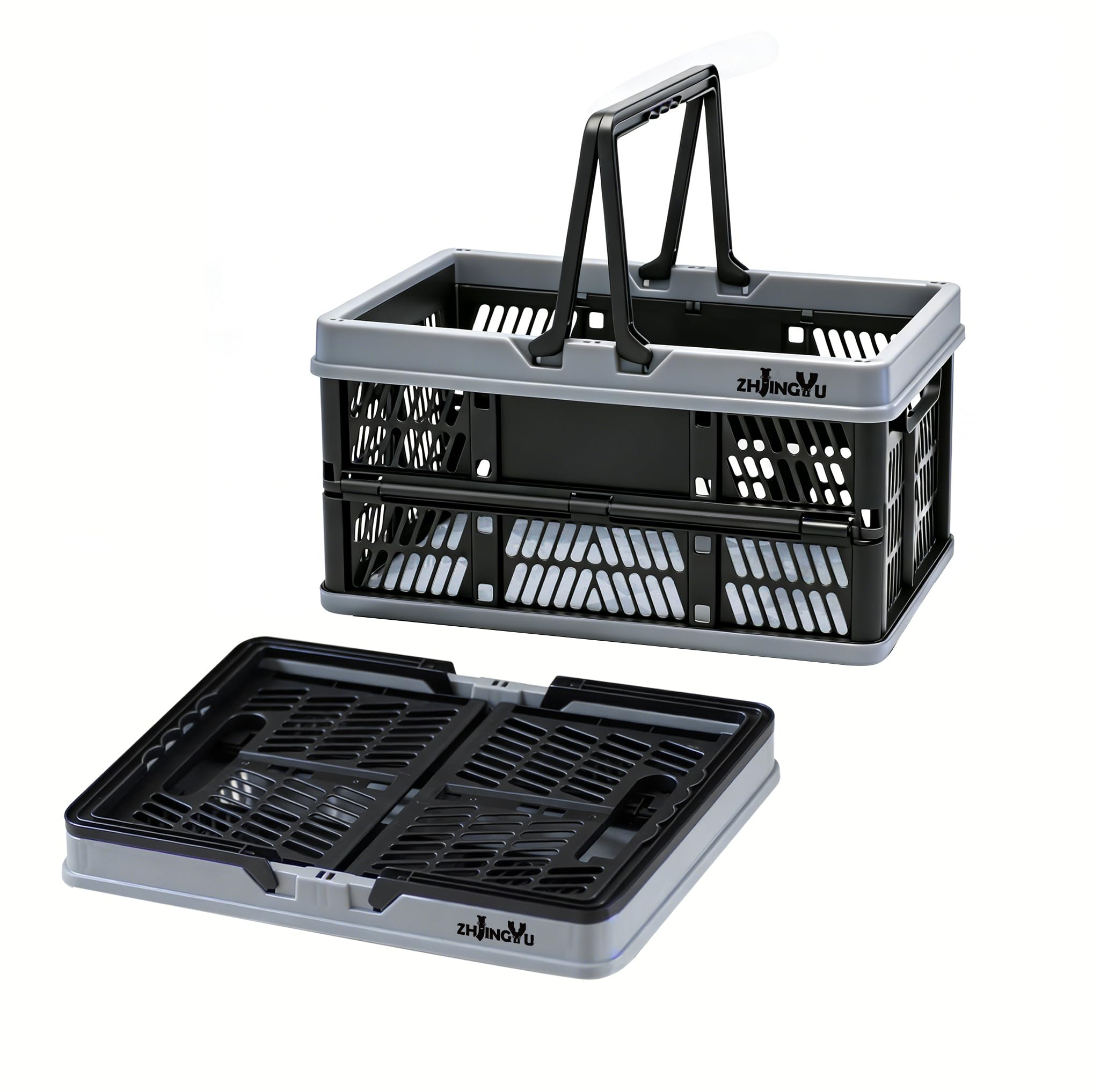 ZHJINGYU [2 unidades] Caja plegable de 20 l, caja plegable con asa (38 x 25 x 20 cm), cesta de la compra de plástico para cocina, dormitorio, baño, oficina (negro y gris)