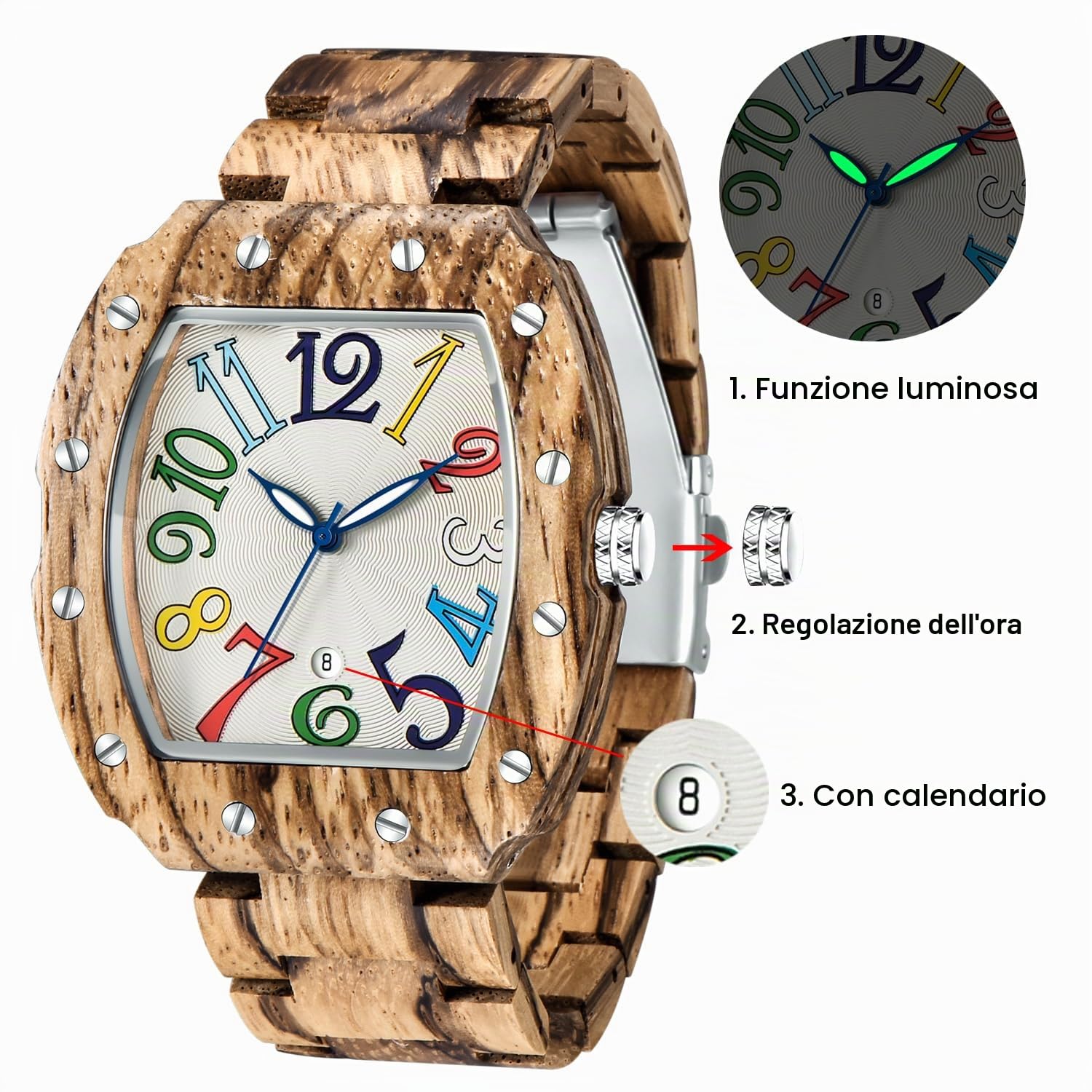 Tiong Orologio in legno da uomo | Orologio in legno al quarzo impermeabile da uomo Night Glow | Confezione regalo esclusiva | Orologio in materiale naturale…