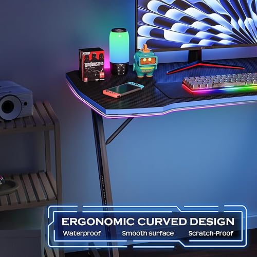 Miniatura 45 de PayLessHere Escritorio para juegos de 47 pulgadas, mesa de fibra de carbono, estación de trabajo Ultimate Gamer con soporte para tazas y gancho para