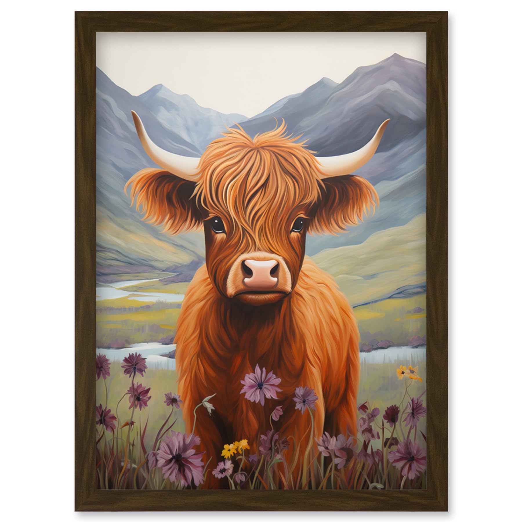 Artery8 Kids Bedroom Nursery Artwork Highland Calf Cow in Heather and Cornflower Glen Scotland Artwork Framed Wall Art Print A4