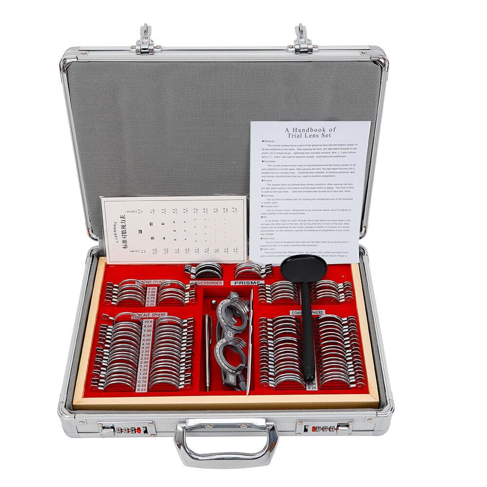 Set di 104 lenti da test in metallo con occhiali da prova con montatura metallica e custodia in alluminio accessori optometrici