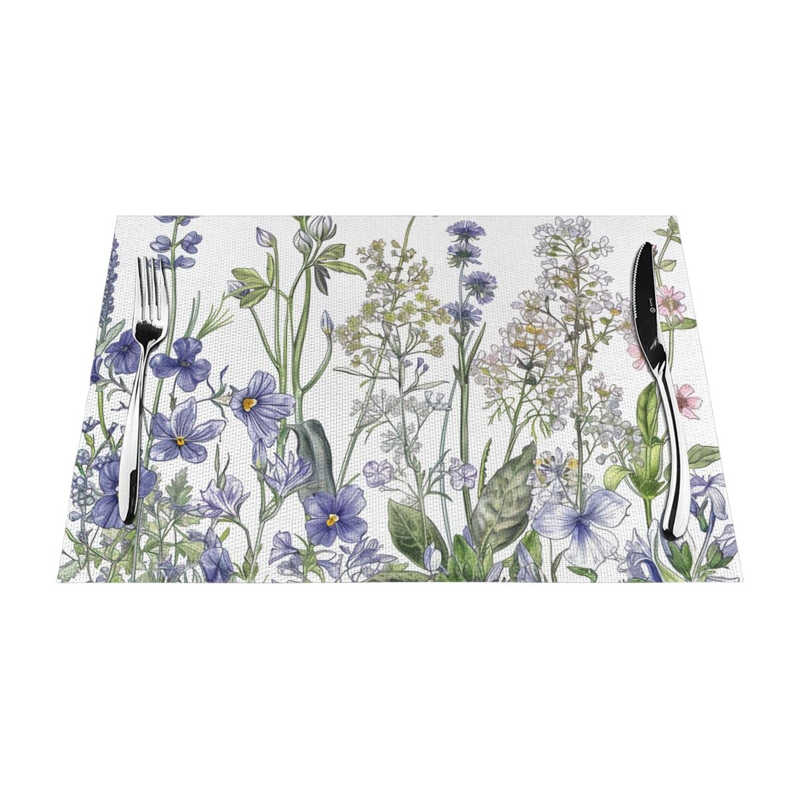 Flowering Herbs and Herbaceous Plants Printed PVC Placemat 1 PCS for Kitchen Dining Table Heat-resistand Washable Table Mats 18x12 in
