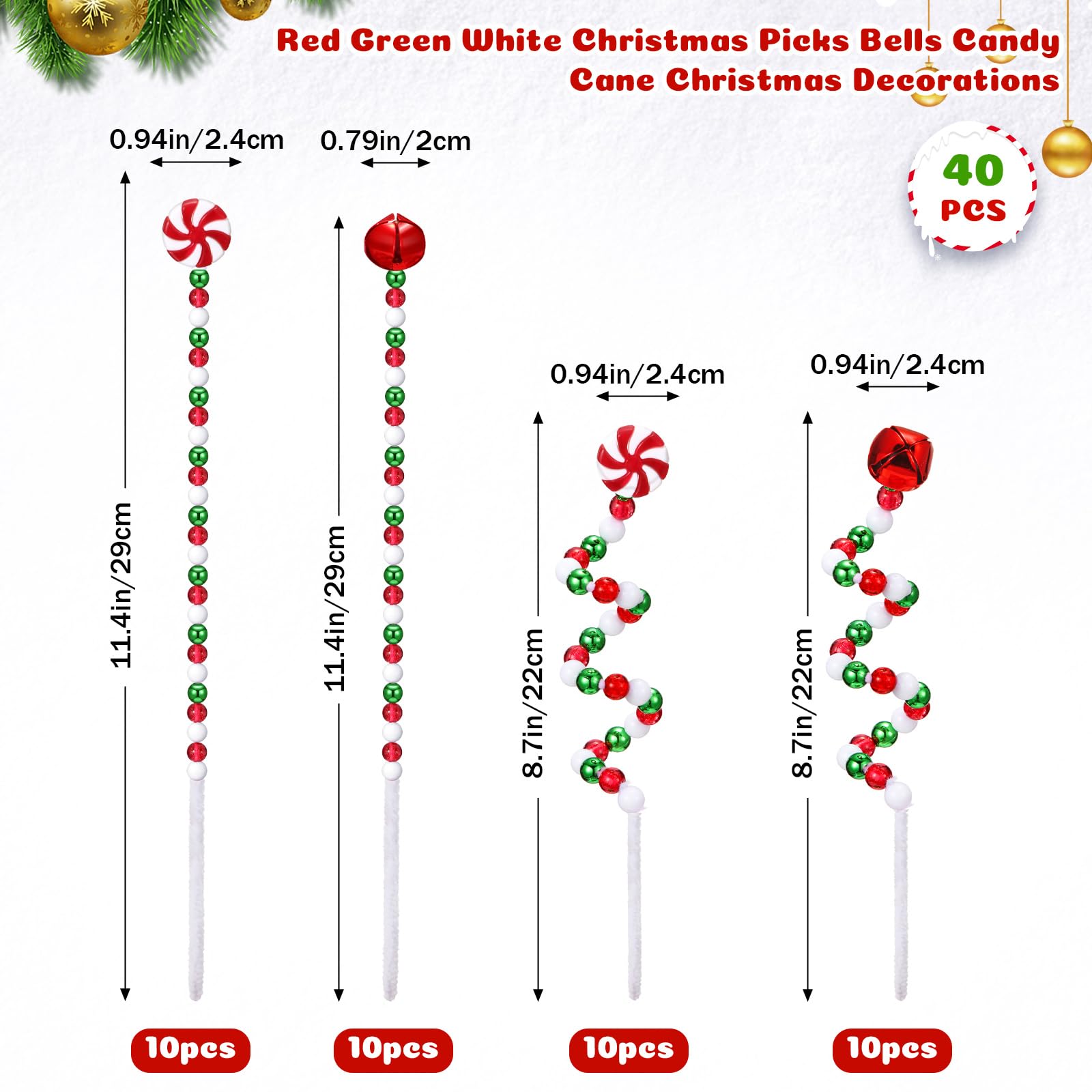 Liliful 40 adornos de piruletas de caramelo de Navidad para árbol de Navidad, adornos de piruleta de caramelo trenzado, decoraciones de campana para árbol de Navidad, corona, manualidades, regalo de